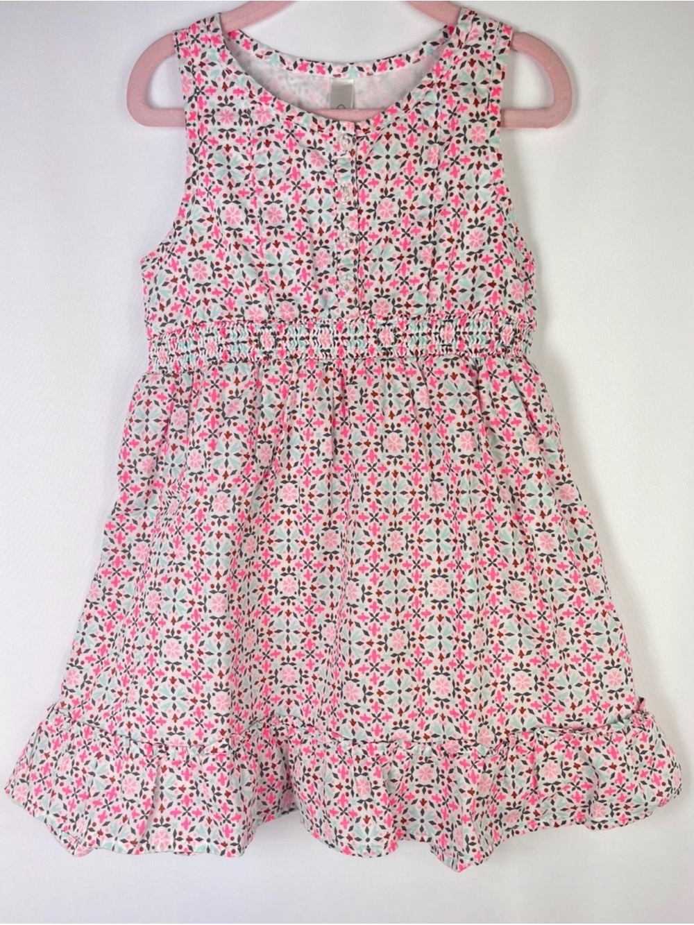 Cherokee Pink Blue Geometric Floral Smocked Ruffle Slip-lined Dress Girls 6/6X